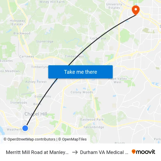 Merritt Mill Road at Manley Estates to Durham VA Medical Center map