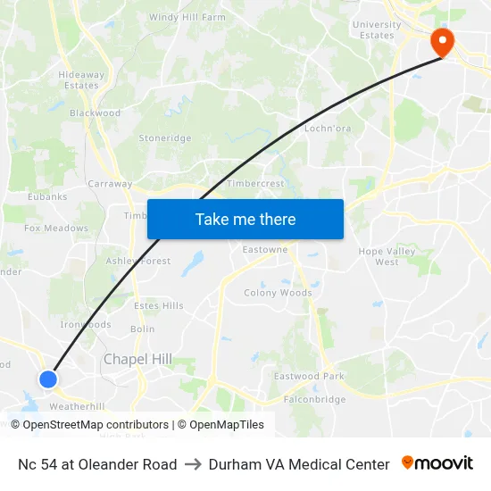 Nc 54 at Oleander Road to Durham VA Medical Center map