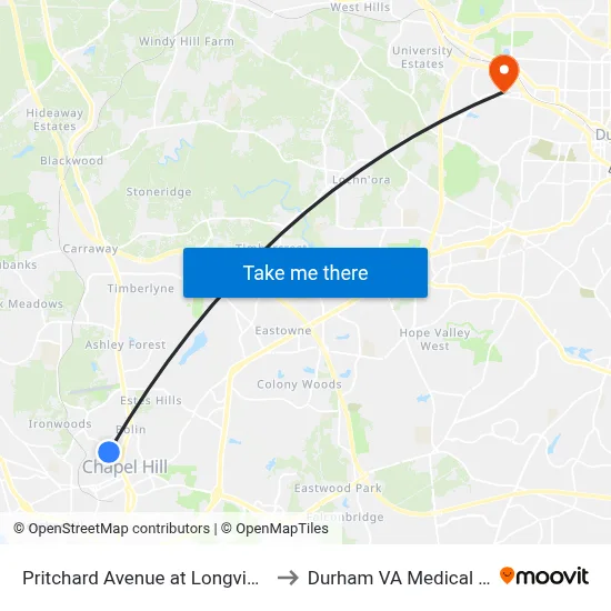Pritchard Avenue at Longview Street to Durham VA Medical Center map