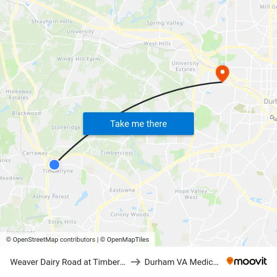 Weaver Dairy Road at Timberlyne Village to Durham VA Medical Center map
