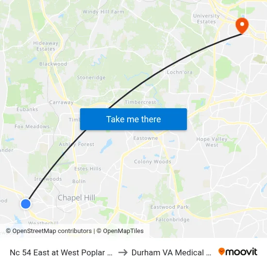 Nc 54 East at West Poplar Avenue to Durham VA Medical Center map