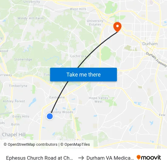Ephesus Church Road at Churchill Drive to Durham VA Medical Center map