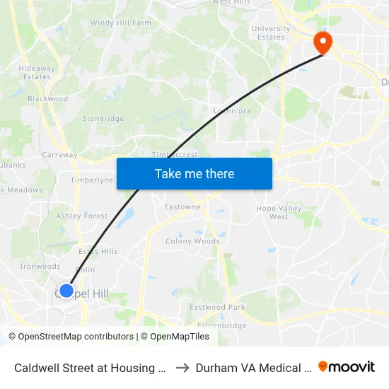 Caldwell Street at Housing Authority to Durham VA Medical Center map