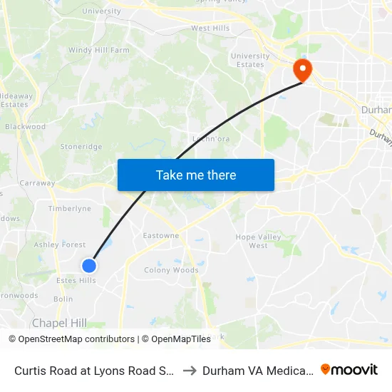 Curtis Road at Lyons Road Southbound to Durham VA Medical Center map