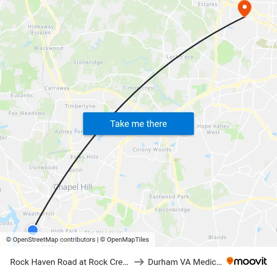 Rock Haven Road at Rock Creek Road West to Durham VA Medical Center map
