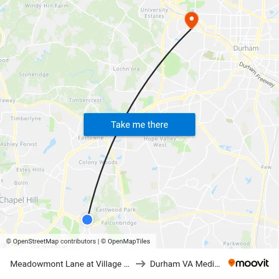 Meadowmont Lane at Village Crossing Drive to Durham VA Medical Center map