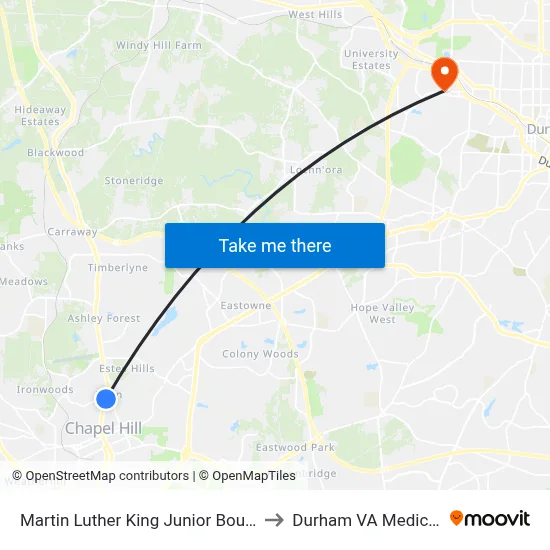 Martin Luther King Junior Boulevard at 725 to Durham VA Medical Center map