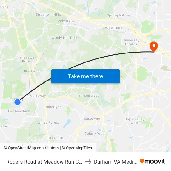 Rogers Road at Meadow Run Court Northbound to Durham VA Medical Center map