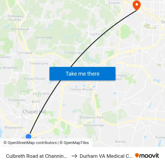 Culbreth Road at Channing Lane to Durham VA Medical Center map
