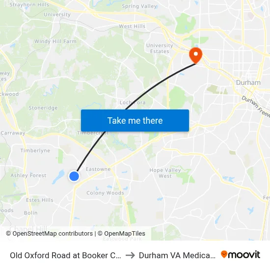 Old Oxford Road at Booker Creek Road to Durham VA Medical Center map