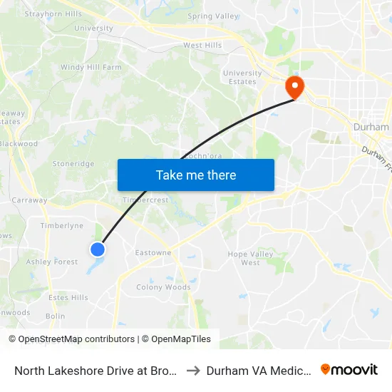 North Lakeshore Drive at Brookview Road to Durham VA Medical Center map