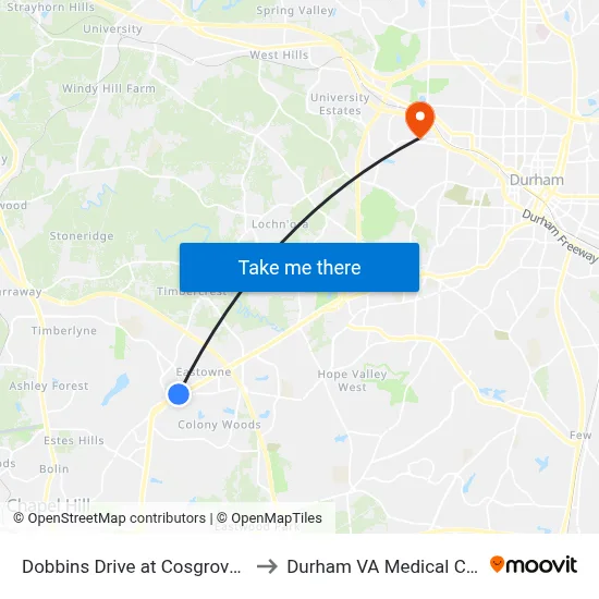 Dobbins Drive at Cosgrove Hills to Durham VA Medical Center map