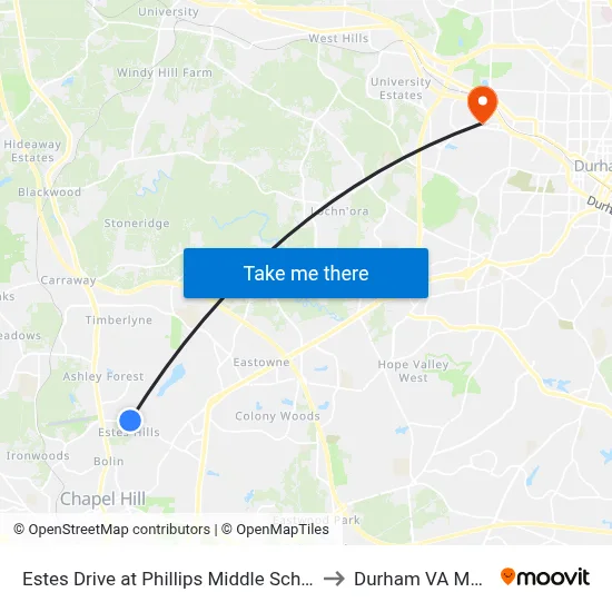Estes Drive at Phillips Middle School And Park Eastbound to Durham VA Medical Center map