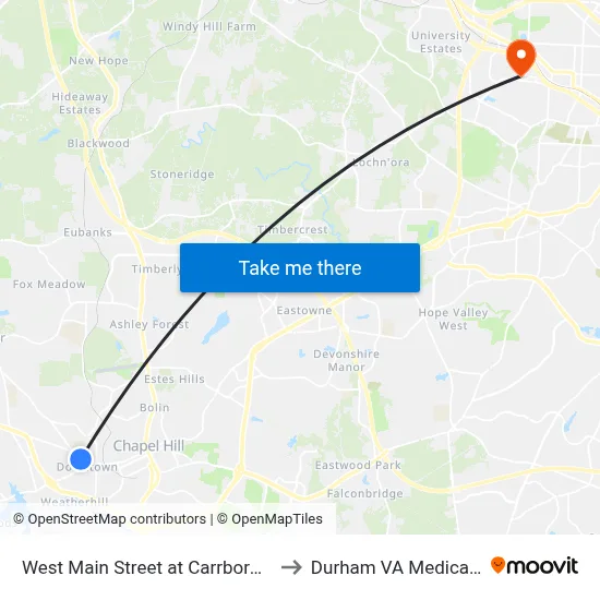West Main Street at Carrboro Town Hall to Durham VA Medical Center map