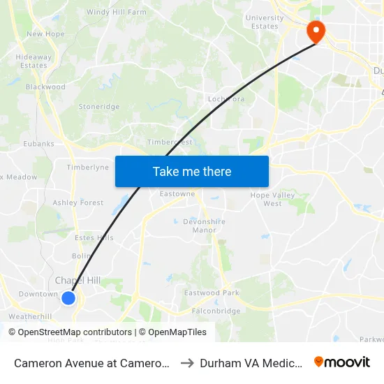 Cameron Avenue at Cameron Glen Drive to Durham VA Medical Center map
