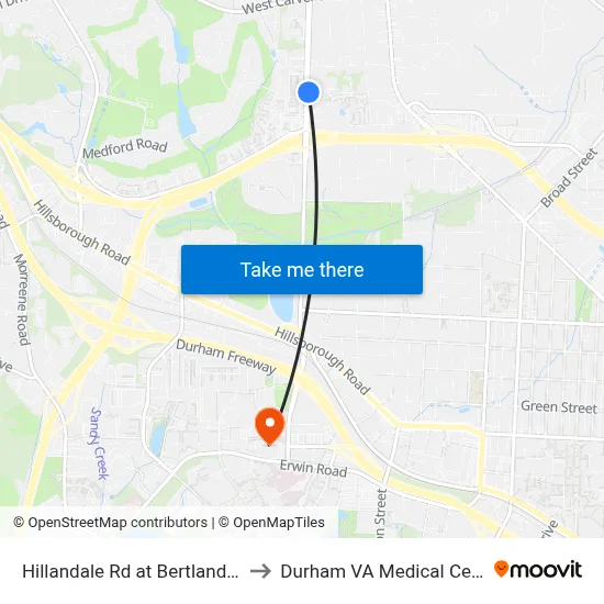 Hillandale Rd at Bertland Ave to Durham VA Medical Center map