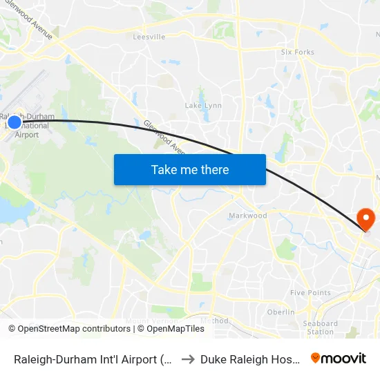 Raleigh-Durham Int'l Airport (RDU) to Duke Raleigh Hospital map