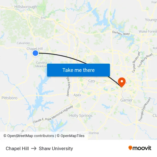 Chapel Hill to Shaw University map
