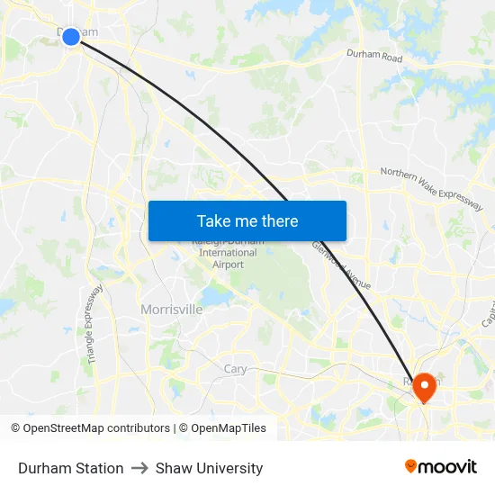 Durham Station to Shaw University map