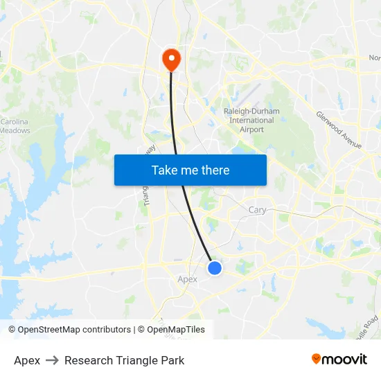 Apex to Research Triangle Park map
