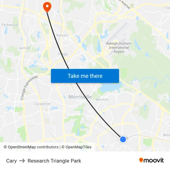 Cary to Research Triangle Park map