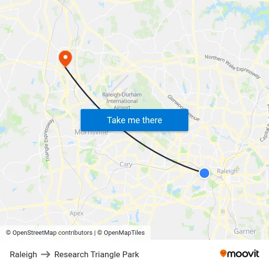 Raleigh to Research Triangle Park map