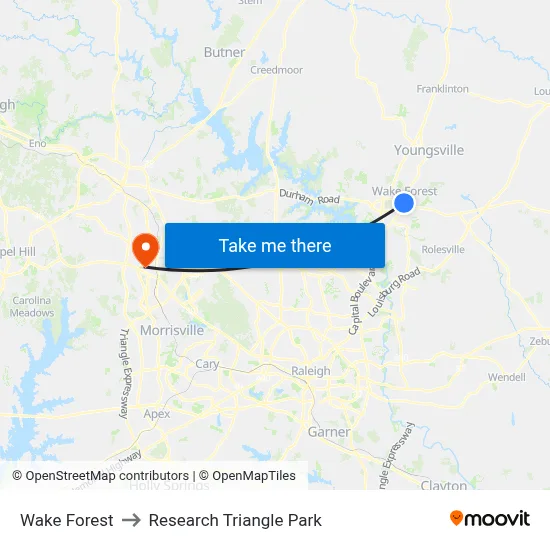 Wake Forest to Research Triangle Park map