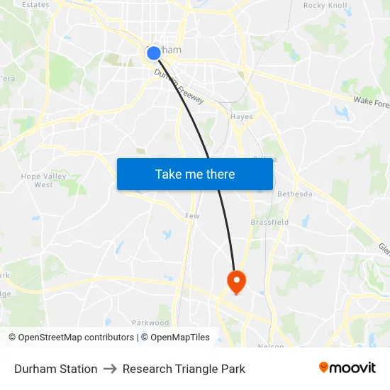 Durham Station to Research Triangle Park map