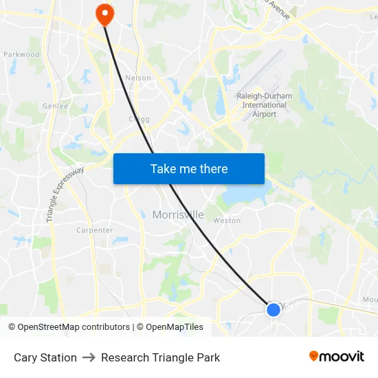 Cary Station to Research Triangle Park map