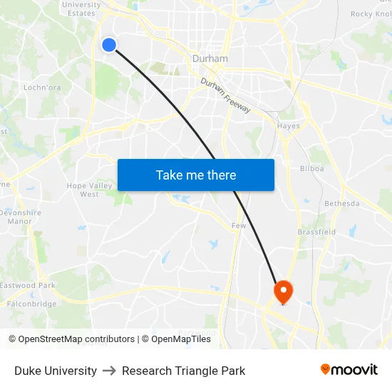 Duke University to Research Triangle Park map