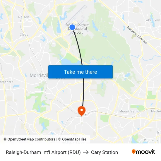 Raleigh-Durham Int'l Airport (RDU) to Cary Station map