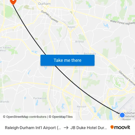 Raleigh-Durham Int'l Airport (RDU) to JB Duke Hotel Durham map