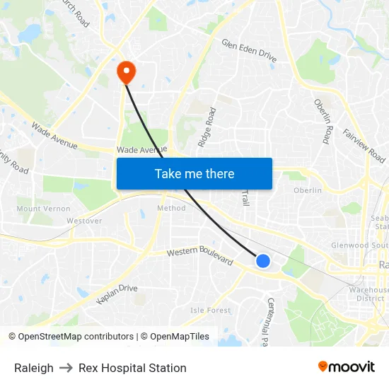 Raleigh to Rex Hospital Station map