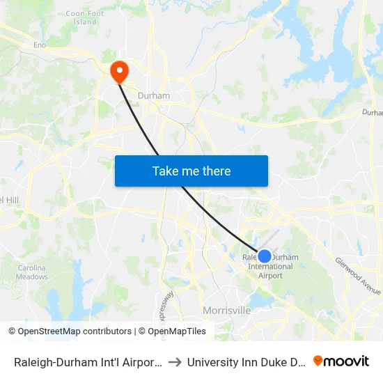 Raleigh-Durham Int'l Airport (RDU) to University Inn Duke Durham map