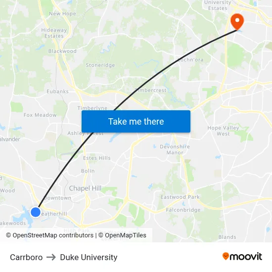 Carrboro to Duke University map