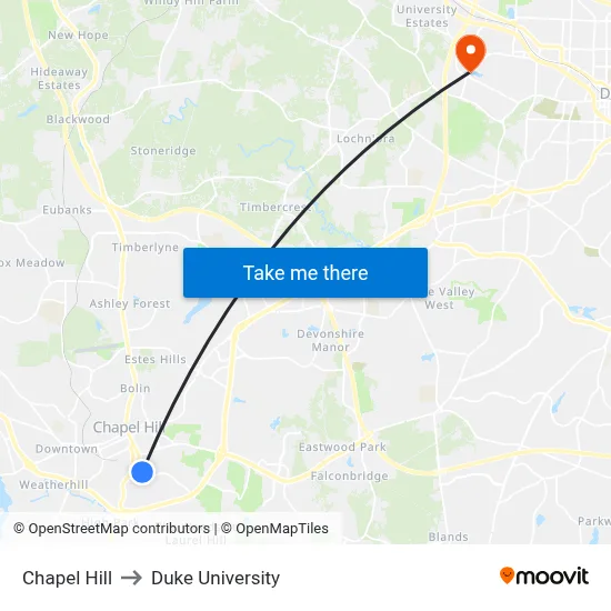 Chapel Hill to Duke University map