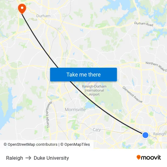 Raleigh to Duke University map
