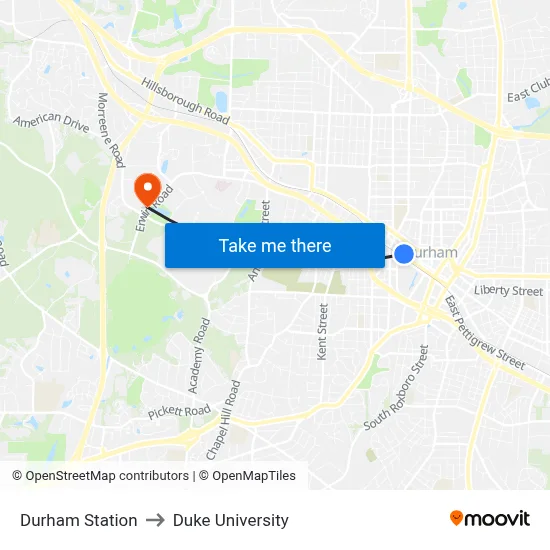 Durham Station to Duke University map