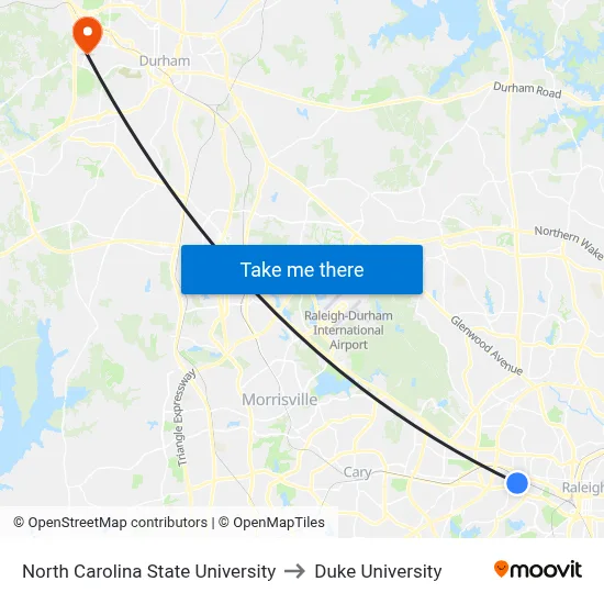 North Carolina State University to Duke University map