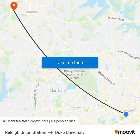 Raleigh Union Station to Duke University map