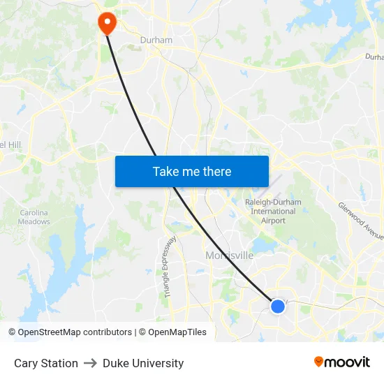 Cary Station to Duke University map