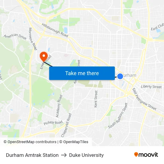 Durham Amtrak Station to Duke University map