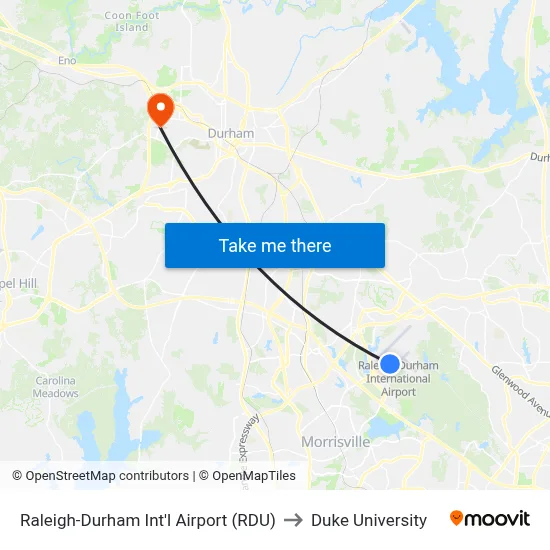 Raleigh-Durham Int'l Airport (RDU) to Duke University map