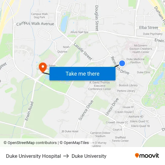 Duke University Hospital to Duke University map