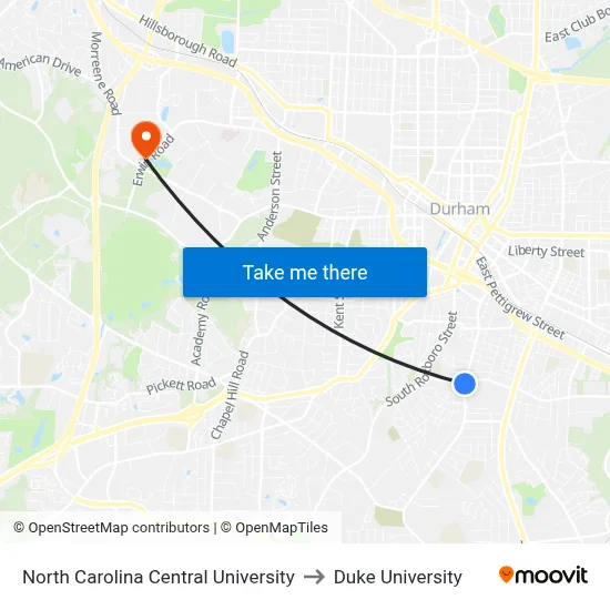 North Carolina Central University to Duke University map