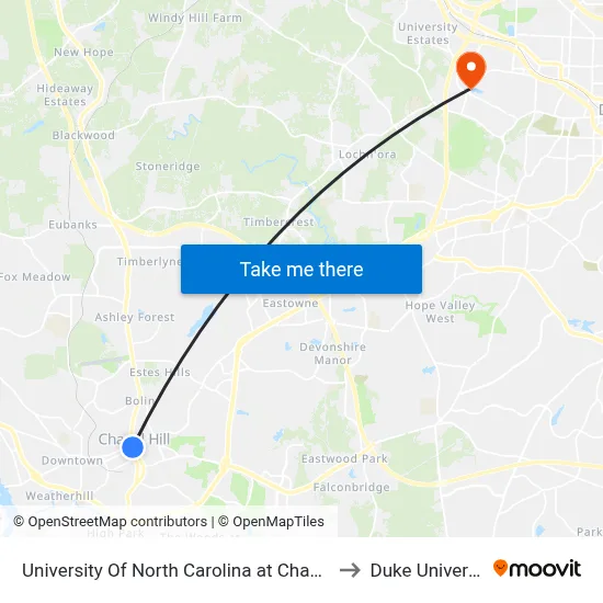 University Of North Carolina at Chapel Hill to Duke University map
