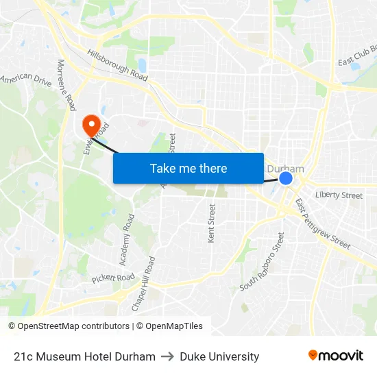 21c Museum Hotel Durham to Duke University map