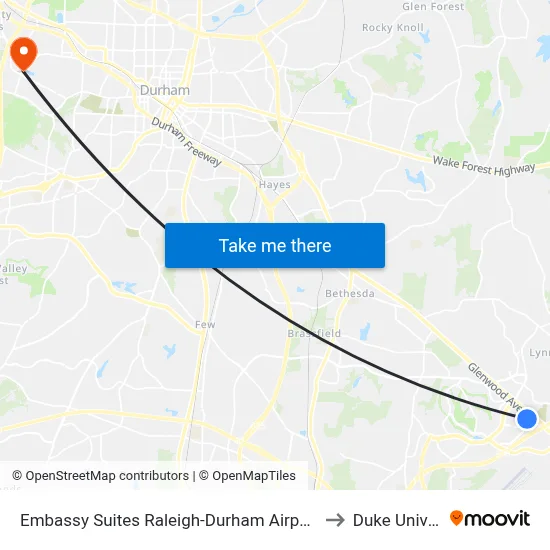 Embassy Suites Raleigh-Durham Airport Brier Creek to Duke University map