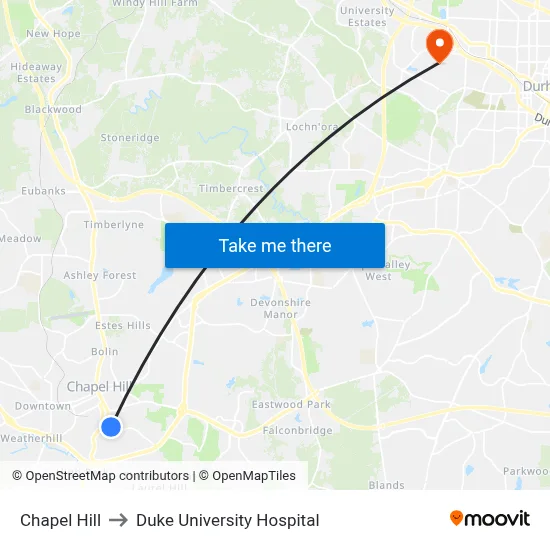 Chapel Hill to Duke University Hospital map