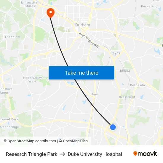 Research Triangle Park to Duke University Hospital map